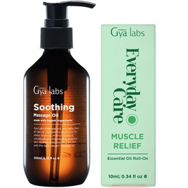 Gya Labs Soothing Massage Oil for Sore Muscles (6.76 fl oz) & Deep Muscle Relief Essential Oil Roll On (0.34 fl oz) Set - 100% Natural Aromatherapy Grade Essential Oils Set - Gya Labs