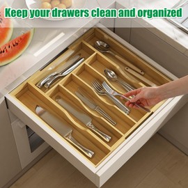 BAMBUROBA Bamboo Kitchen Drawer Organizer,Expandable Silverware Organizer,2 Pack Utensil Holder and Cutlery Tray with 7 Slots,Gadgets Storage Divider,Natural