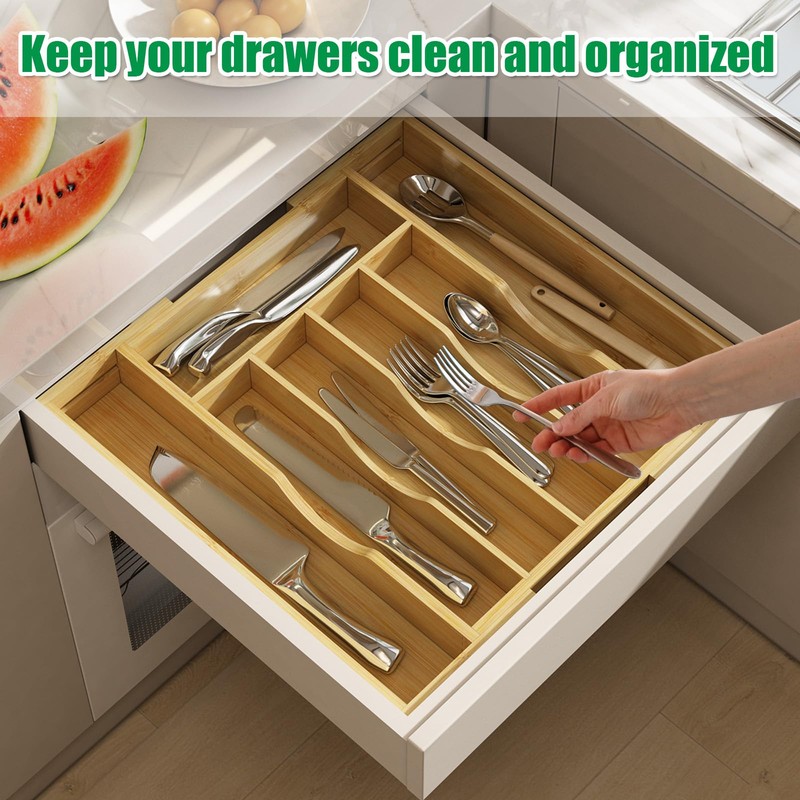 BAMBUROBA Bamboo Kitchen Drawer Organizer,Expandable Silverware Organizer,2 Pack Utensil Holder