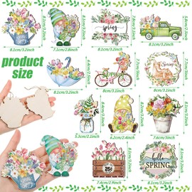 36 Pcs Spring Flower Ornaments for Tree Wooden Easter Decoration Ornaments Floral Hello Spring Decor Wood Pendant Slices Tags Gnome Hanging Decoration for Birthday Party Home Tree Decor, 12 Styles
