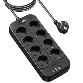 JSVER Power Strip 3 m, Multiple Socket 8 Way with 4 USB Multiple Plug Distribution Socket with Switch, Wall Mounting Surge Protection for Home, Office, Black