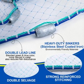 Goture American Fishing Cast Net Saltwater Freshwater,3/8in Mesh Size Casting Net for Bait Fish Shrimp Trap,Heavy Duty Sinkers Dual Color Double Selvage,3ft-12ft Radius Throw Cast Net with Needle