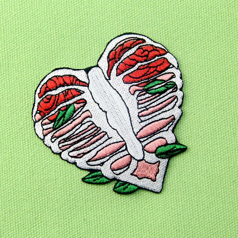 Anatomy Heart Shape Skeleton with Leaves Applique Embroidered Badge Iron