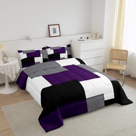 Grey Purple White Black Bedding Set,Geometry Square Comforter Set Twin,Young Man Geometric Stripes Lines Down Comforter for Kids Boys Girls Bedroom Decor,Modern Style Quilted Duvet with 1 Pillowcase