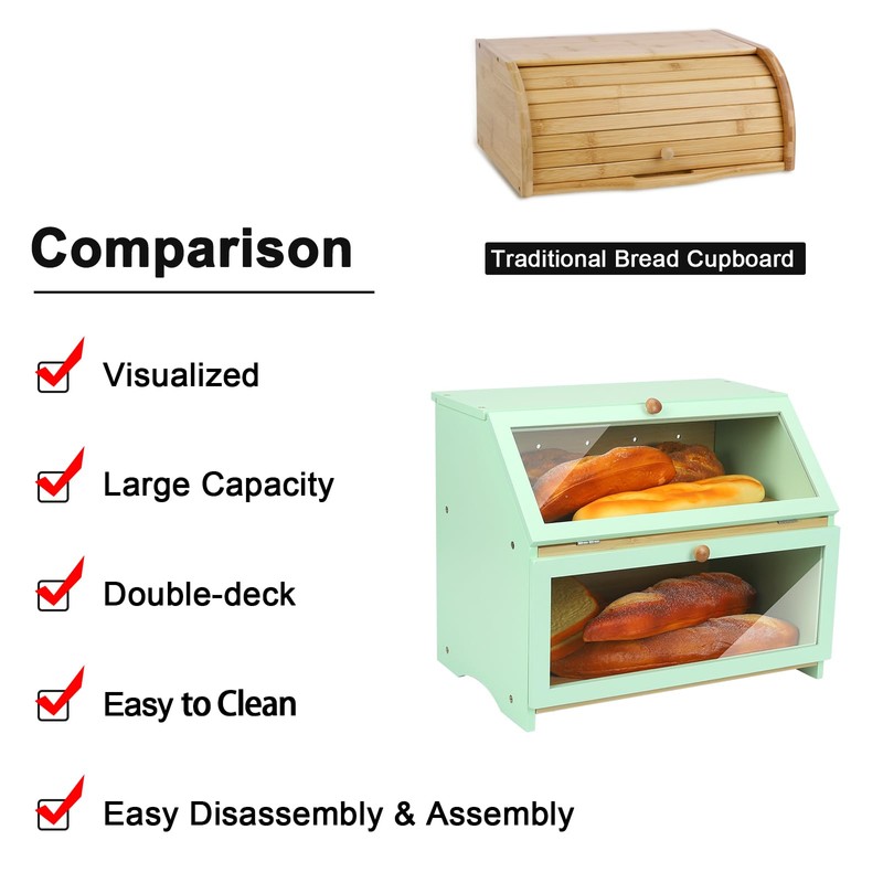 HOMEKOKO Double Layer Large Bread Box for Kitchen Counter, Wooden