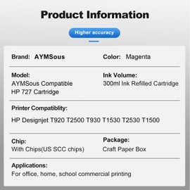 AYMSous Compatible 727 Magenta 300ML Dye Ink Remanufactured Ink Cartridge Replacement for HP 727 for HP DesignJet T920 T930 T1500 T1530 T2500 T2530 Printers