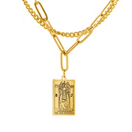 TEAMER Double Layer Necklace Vintage Tarot Jewelry Good Luck Amulet Pendants Stainless Steel Necklace (Gold-THE HIGH PRIESTESS)