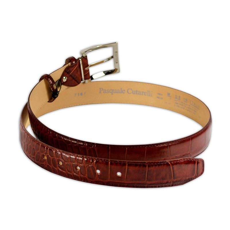 PASQUALE CUTARELLI Mens Crocodile Pattern Italian Leather Belt Burgundy Small