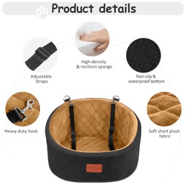 Lealchum Dog Car Seat for Medium Dogs Under 30 lbs, Comfy Puppy Car Seat with 2 Clip-On Safety Leashes, Non-Slip Bottom Pet Travel Car Seat, Easy to Install and Fully Removable (Black/Coffee, Small)