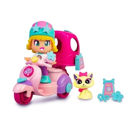 Pinypon - Let's Go! Motorcycle and Pet Pink with a Pet Carrier, a Small Toy Kitten and a Mini Pop & Swap Doll Figure, for Ages 3 and up, Famosa (PNY37200)