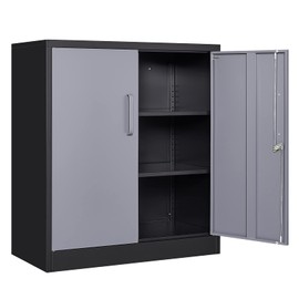 Yizosh Metal Garage Storage Cabinet with 2 Doors and 2 Adjustable Shelves - 35.5" Steel Lockable File Cabinet,Locking Counter Cabinet for Home Office,Garage,Gym,School（Gray Black）