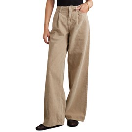 Women's High Waisted Wide Leg Corduroy Pants Vintage Loose Comfy Trousers with Pockets Khaki