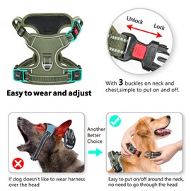 HEELE Dog Harness, Chest Harness for Dogs, Running Dog Harness with Lockable Snap Closure, Adjustable, Reflective, Open at the Neck, No-Pull Dog Harness, Green, L