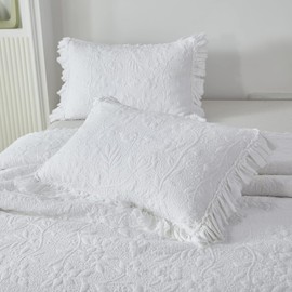 Brandream Quilted Pillow Shams Cotton Set of 2 King Size White Shabby Ruffle Farmhouse Decorative Pillow Covers King Size