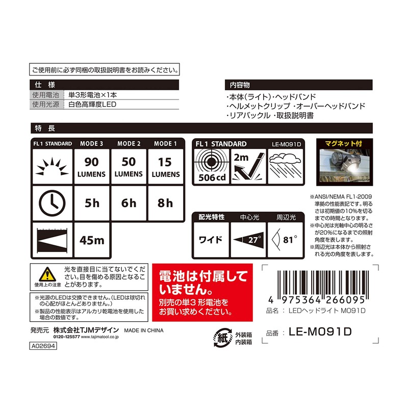 Tajima LE-M091D LED Headlight, Brightness up to 90 lumens