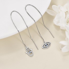 Evil Eye Pull Through Earrings 925 Sterling Silver Turkish Eye Hamsa Hand of Fatima Long Hanging Threader Earrings for Women