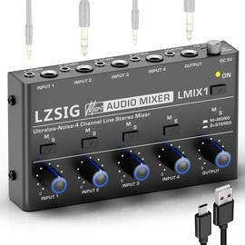 LZSIG Mini mezclador de audio, mezclador de línea estéreo para submezcla, ultra bajo ruido, 4 canales, salida TS y TRS de 1/4" y 1/8" y entrada para b