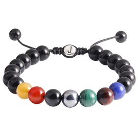 Jewboo Obsidian 7 Chakras Bracelet Onyx Natural Energy Yoga Healing Crystals Beads Adjustable Bangle for Women Men