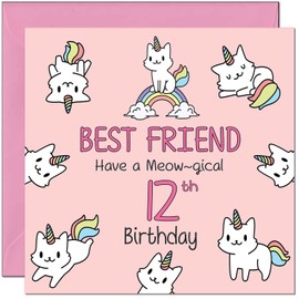 12th Best Friend Birthday Card - Funny Cat Cute Girls Womens Birthday Card for 12 Year old Kids twelve, twelfth
