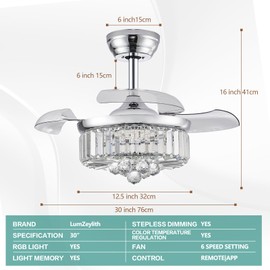 LumZeylith 30" Retractable Crystal Ceiling Fan with Light, RGB Modern Fandelier 6 Speeds Reversible Blades Dimmable Remote App Control Memory Timer Silver