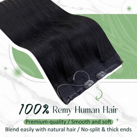RUNATURE Wire Hair Extensions Real Human Hair Black One Piece Hair Extensions Jet Black Invisible Secret Hair Extensions Human Hair Black Wire in Extensions 16 Inch 80 Gram