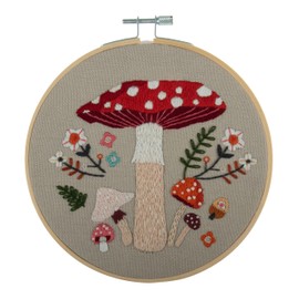 Trimits Embroidery Hoop Kits - 15cm 6” Beginner Starter Set, Includes Bamboo Hoop Threads Cloth Needle Backing & Instructions, Toadstool