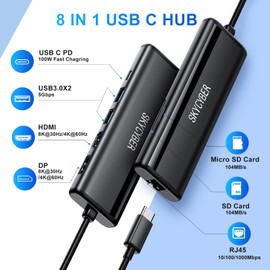 USB C Laptop Docking Station for Dual 4K Monitors or Single 8K Output, 8 in 1 USB C Hub with HDMI PD, Ethernet, SD/TF, 2 USB Port, 100W PD, USB Dock Multiport Adapter for MacBook/Dell/HP/Lenovo Laptop