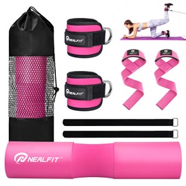 NEALFIT Barbell Pad Set with Lifting Straps & Ankle Straps - Squat Pad for Hip Thrusts, Lunges, Weightlifting - Heavy Duty Strength Training Equipment for Powerlifting, Home Gym (Pink)
