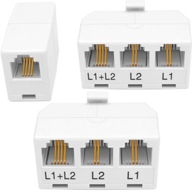 NECABLES 2+1Pack 2pcs Phone Jack Splitter 2 Line Adapter RJ11 1 Male to 3 Females (L1, L2, L1+L2) and 1pc Telephone Line Coupler White