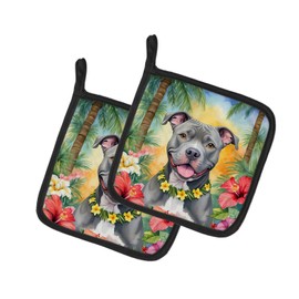Caroline's Treasures Pit Bull Terrier Luau Pair of Pot Holders Kitchen Heat Resistant Pot Holders Sets Oven Hot Pads for Cooking Baking BBQ, 7 1/2 x 7 1/2
