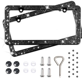 Diamond Rhinestone Bling License Plate Frames for Women, Men - 2 Pack Handcrafted Bedazzled License Plate Cover with Glittery Crystal Screw Caps Stainless Steel - Sparkle Car License Plate Frame Black