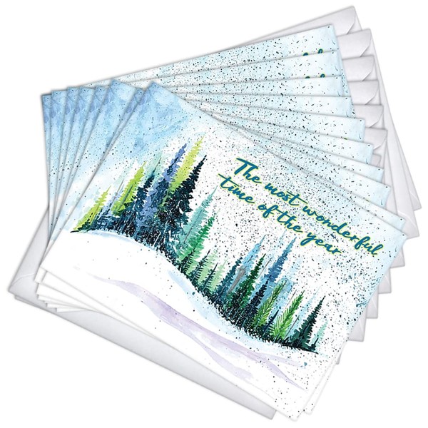 Wright Home & Gift Watercolor Snow Scene Holiday Greeting Cards | 20 Pack Bulk Set + 20 Envelopes (4x6)