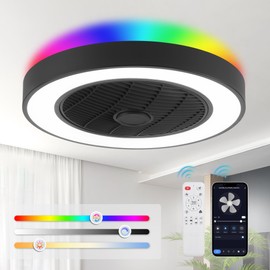 LEDIARY 20 Inch Low Profile Ceiling Fans With Lights, Led Bladeless Ceiling Fan, Remote Control Enclosed Flush Mount Ceiling Fan With Timming, 3000-6000K, 6 Wind Speed, 3000LM, 57W-Black RGB