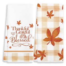EJGFS Fall Kitchen Towels Set of 2-Thankful Grateful Blessed & Autumn Leaf Plaid Decorative Hand Towels for Bathroom-16 x24 Dish Towel for Farmhouse Kitchen, Dining Room, or Seasonal Home Décor.(079)