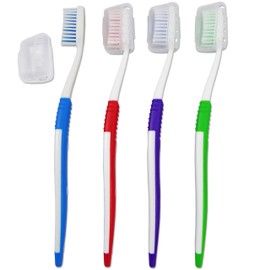 4 x Adult Toothbrushes with Covers ~ Family Bulk Pack 4 Colours ~ Medium Firm Bristles