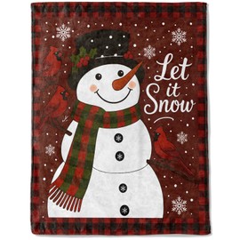 ainori Snowman Christmas Decorative Throw Blanket, Cardinal Buffalo Plaid Scarf Print Decoration, Soft Flannel Winter Blankets for Couch Bed Sofa, Holiday Home Decor, Xmas Festival Gifts 50x60 Inch
