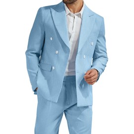 High-End Suits Men's Seersucker Suits 2 Piece Casual Summer Beach Wedding Prom Suit Lake Blue Prom Striped Blazer Pants XS