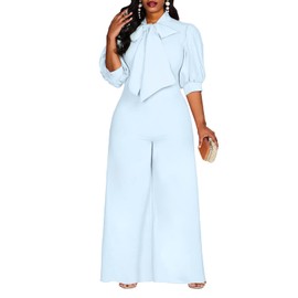 VERWIN Plus Size Jumpsuit for Women Bowknot Full Length Plain Dressy Short Sleeve Romper Wide Leg Overall 4XL Baby Blue