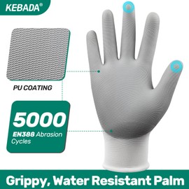 Kebada W1 Work Gloves for Men and Women, 12 Pairs Touchscreen Safety Gloves with Grip, PU-Coated, Ideal for Light & Medium Duty Tasks, White, Small