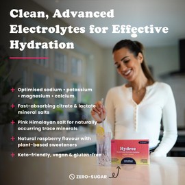Extracted Hydree Advanced Electrolyte Drink Mix, Sodium Potassium Magnesium Calcium Citrate Blend, Natural Raspberry Flavour, Zero Sugar, Himalayan Salt and Stevia, 24 Single-Serve Sachets