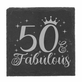 50th Birthday Gift for Women 50 & Fabulous Engraved Slate Coaster Present for 50 Year Old Etched Natural Slate Placemat (Square Coaster)