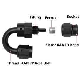 Podavelle 4AN PTFE Hose End Fitting 180 Degree Elbow Swivel Aluminum Black