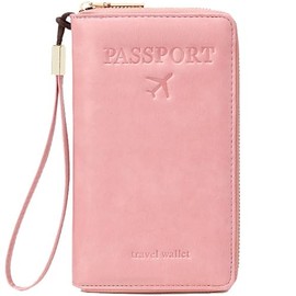 Lydemcia RFID Passport Wallet Holder with Wristlet, Large Travel Purse Credit Cards Organizer for Women Men, Minimalist (Pink)