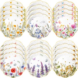 Zhehao 36 Pcs 7 Inch Wildflower Dessert Plates Watercolor Disposable Paper Plates Scalloped Golden Edge Retro Flower Decorative for Birthday Wedding Baby Shower Wildflowers Party Supplies, 6 Styles