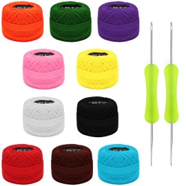 Kurtzy Colourful Cotton Crochet Yarn (Pack of 10) - 2 Crochet Hooks Included (1 mm & 2 mm) Wool for Knitting - Each Cotton Yarn Ball Weighs 10 g - Total 600 m Colourful Cotton for Crocheting