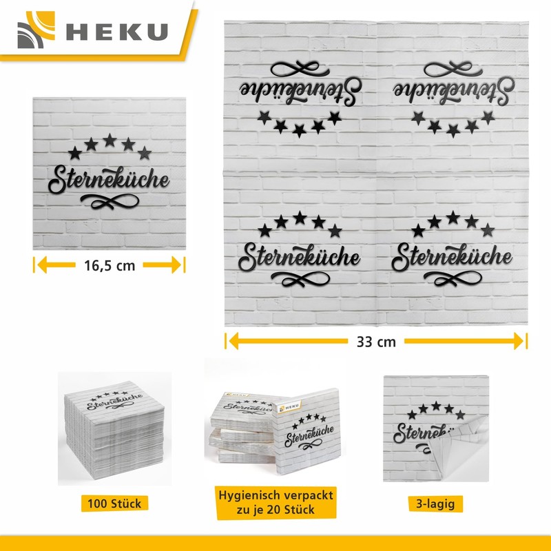 HEKU 100 napkins, 3-ply, 33 x 33 cm, star kitchen,