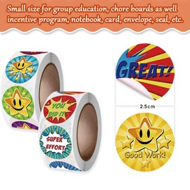ExceLife 1000 Pcs Reward Stickers for Kids, School Training and Motivational Stickers Classwork Award Stickers Teacher Supplies for Classroom, 2 Rolls 16 Styles Labels (Star)