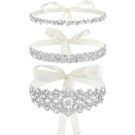 Jecery 3 Pieces Rhinestone Bridal Wedding Sash Belts Handmade Crystal Bridesmaid Sash for Formal Evening Dress Belts, Beige, Adjustable