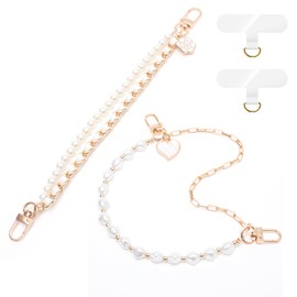 chihimoer 2Pcs Phone Lanyard Wrist Strap with Pearl and Metal,Cell Phone Charm Bead Double Chain for Women and Teen Gril Hand,Hands-free Charms for Wallet Heart Camera