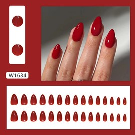 Red Press on Nails Summer Medium Almond Fake Nails Solid Red Color False Nails Reusable Glossy Artificial Acrylic Nails Summer Nails for Women Girls Daily Wear Manicure 24pcs